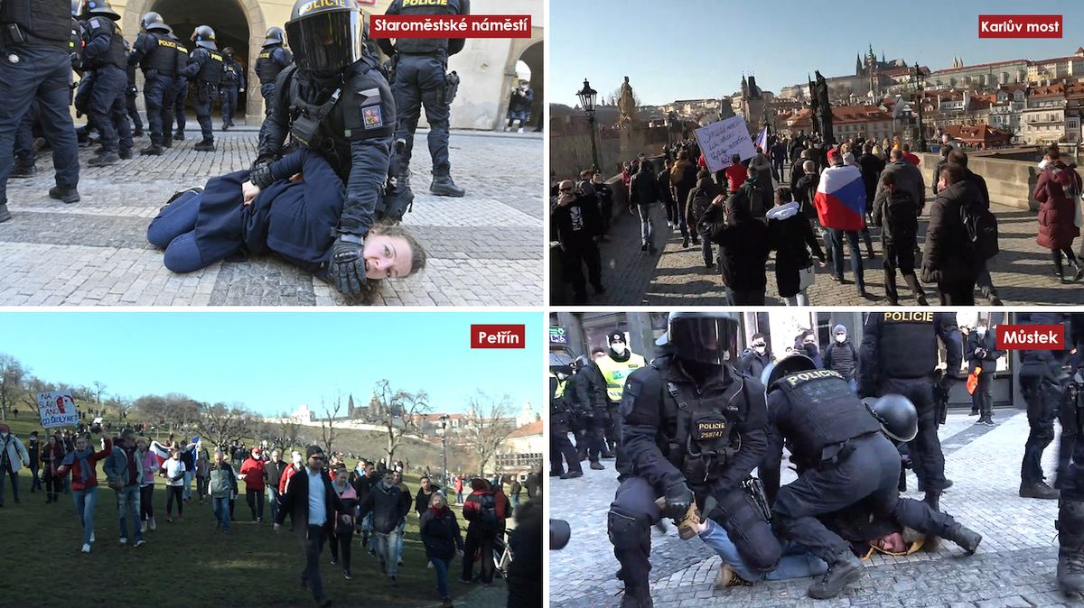 Těžkooděnci zatarasili davu demonstrantů cestu. Protest v Praze skončil